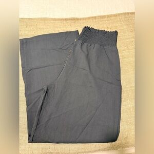 Linen flat front button wide leg Black Pants